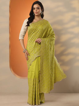 Libas - Green Embellished Silk Blend Saree with Unstitched Blouse