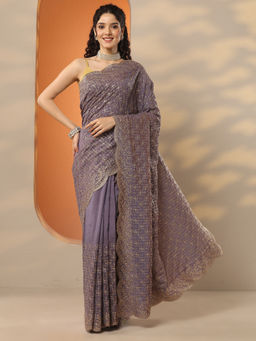 Libas - Purple Embellished Silk Blend Saree with Unstitched Blouse