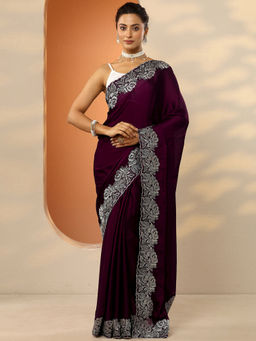 Libas - Burgundy Embroidered Chiffon Saree with Unstitched Blouse