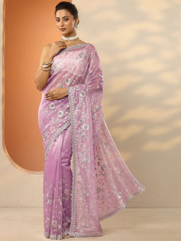 Libas - Lavender Embroidered Nylon Saree with Unstitched Blouse