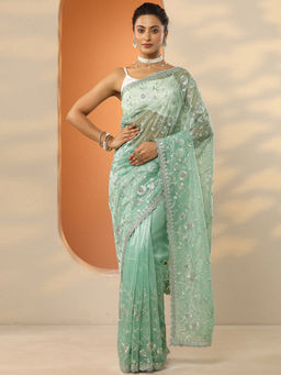 Libas - Green Embroidered Nylon Saree with Unstitched Blouse