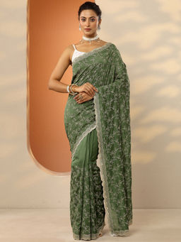 Libas - Green Embroidered Silk Blend Saree with Unstitched Blouse