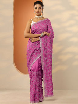 Libas - Mauve Embroidered Silk Blend Saree with Unstitched Blouse
