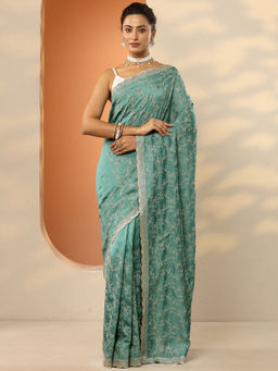 Libas - Green Embroidered Silk Blend Saree with Unstitched Blouse