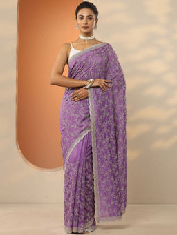 Libas - Purple Embroidered Silk Blend Saree with Unstitched Blouse