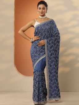Libas - Navy Blue Embroidered Silk Blend Saree with Unstitched Blouse