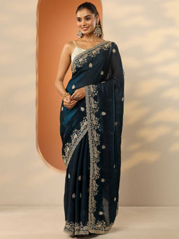 Libas - Teal Embroidered Organza Saree with Unstitched Blouse