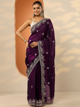 Libas - Purple Embroidered Organza Saree with Unstitched Blouse