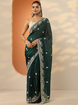 Libas - Green Embroidered Organza Saree with Unstitched Blouse