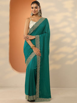 Libas - Green Embellished Silk Blend Saree with Unstitched Blouse