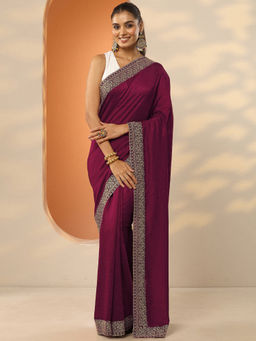Libas - Wine Embellished Silk Blend Saree with Unstitched Blouse