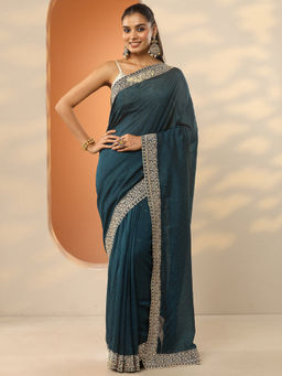 Libas - Teal Embellished Silk Blend Saree with Unstitched Blouse