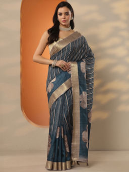 Libas - Blue Printed Silk Blend Saree with Unstitched Blouse