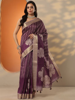 Libas - Purple Printed Silk Blend Saree with Unstitched Blouse
