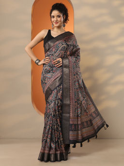 Libas - Black Ethnic Motifs Silk Blend Saree with Unstitched Blouse