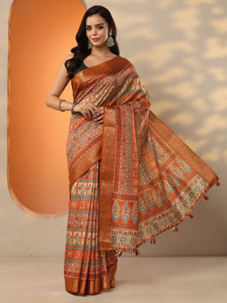 Libas - Orange Ethnic Motifs Silk Blend Saree with Unstitched Blouse