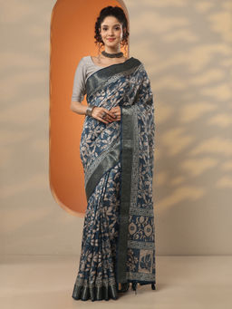 Libas - Blue Printed Silk Blend Saree with Unstitched Blouse