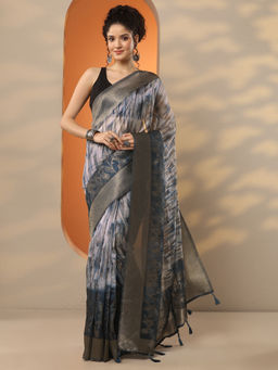 Libas - Blue Printed Organza Saree with Unstitched Blouse