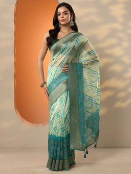 Libas - Green Printed Organza Saree with Unstitched Blouse