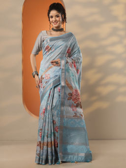 Libas - Blue Printed Silk Blend Saree with Unstitched Blouse