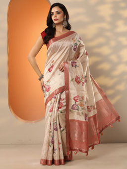 Libas - Beige Printed Silk Blend Saree with Unstitched Blouse