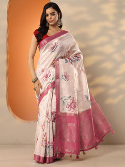 Libas - Beige Printed Silk Blend Saree with Unstitched Blouse