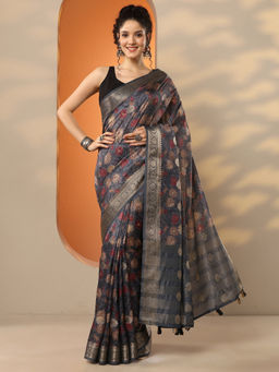Libas - Grey Printed Silk Blend Saree with Unstitched Blouse