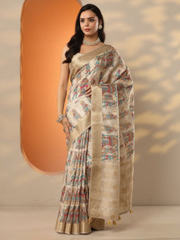 Libas - Beige Ethnic Motifs Silk Blend Saree with Unstitched Blouse
