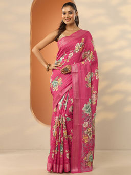 Libas - Pink Printed Silk Blend Saree with Unstitched Blouse