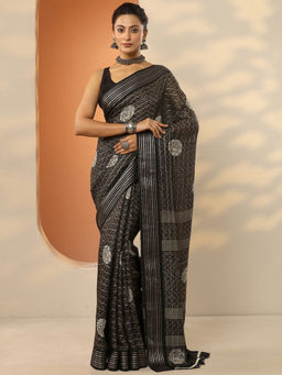 Libas - Black Printed Silk Blend Saree with Unstitched Blouse