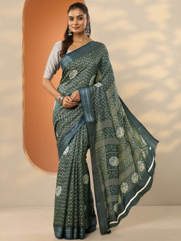 Libas - Blue Printed Silk Blend Saree with Unstitched Blouse