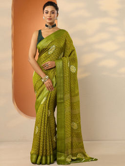 Libas - Green Printed Silk Blend Saree with Unstitched Blouse