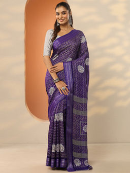 Libas - Purple Printed Silk Blend Saree with Unstitched Blouse