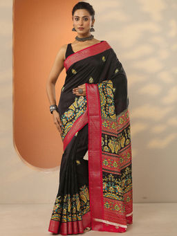 Libas - Black Printed Silk Blend Saree with Unstitched Blouse
