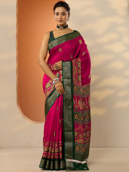 Libas - Pink Printed Silk Blend Saree with Unstitched Blouse