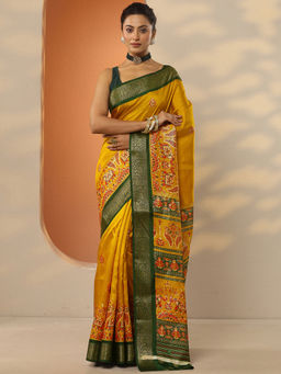 Libas - Yellow Printed Silk Blend Saree with Unstitched Blouse