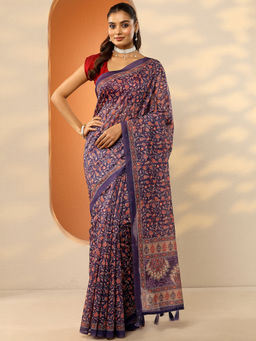 Libas - Purple Printed Silk Blend Saree with Unstitched Blouse