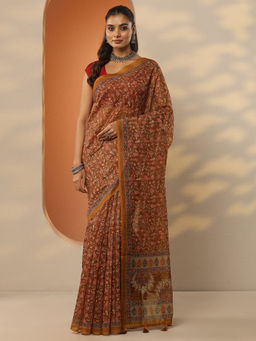 Libas - Brown Printed Silk Blend Saree with Unstitched Blouse