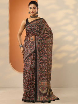 Libas - Brown Printed Silk Blend Saree with Unstitched Blouse