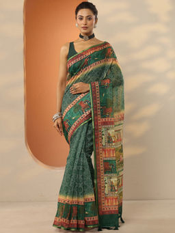 Libas - Green Printed Silk Blend Saree with Unstitched Blouse