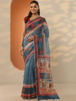 Libas - Blue Printed Silk Blend Saree with Unstitched Blouse