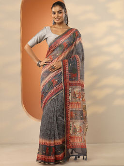 Libas - Grey Printed Silk Blend Saree with Unstitched Blouse
