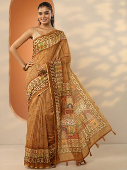 Libas - Brown Printed Silk Blend Saree with Unstitched Blouse
