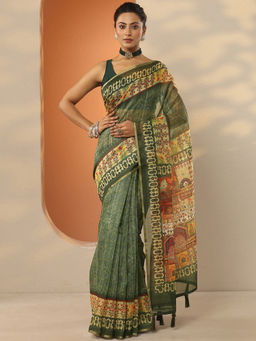 Libas - Green Printed Silk Blend Saree with Unstitched Blouse