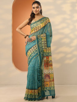 Libas - Teal Printed Silk Blend Saree with Unstitched Blouse