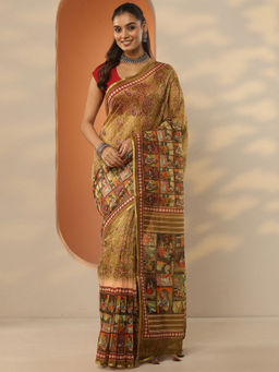 Libas - Olive Printed Silk Blend Saree with Unstitched Blouse