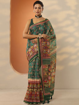 Libas - Green Printed Silk Blend Saree with Unstitched Blouse