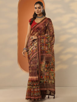 Libas - Brown Printed Silk Blend Saree with Unstitched Blouse
