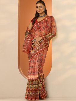 Libas - Rust Printed Silk Blend Saree with Unstitched Blouse