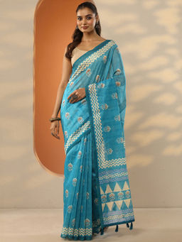 Libas - Blue Printed Silk Blend Saree with Unstitched Blouse